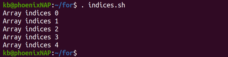 indices.sh terminal output