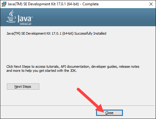 Java installation wizard - successful installation.