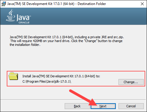 Choose where to install Java.