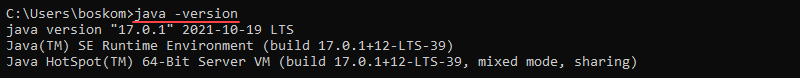 Running the java command to see Java version on Windows.