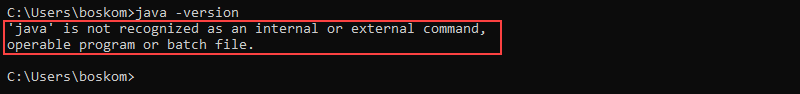 Windows not recognizing the java command because Java isn't installed.