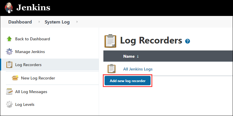 Click the Add new log recorder button in the Log Recorders section of the System Log page