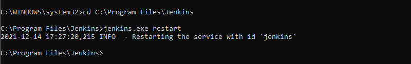 Moving to the Jenkins installation folder and restarting jenkins.exe