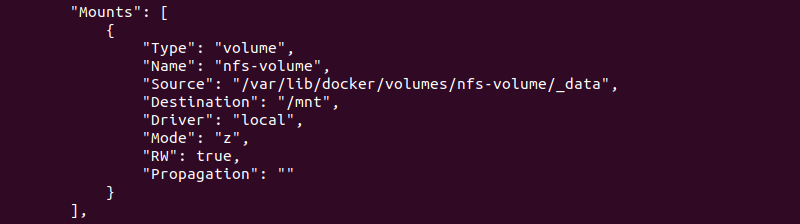 The Mounts section of the output of the docker inspect command.