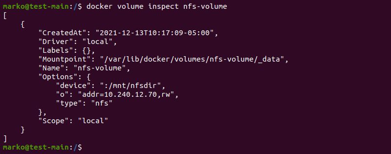 Inspecting a Docker volume.
