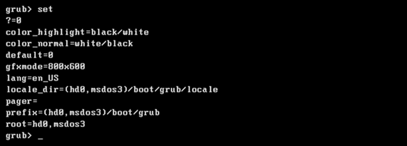 The output of the set command in GRUB.