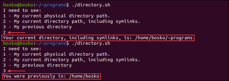 Testing various options for using the pwd command in a bash case statement.