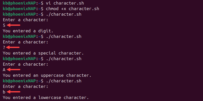 vi character.sh script terminal output