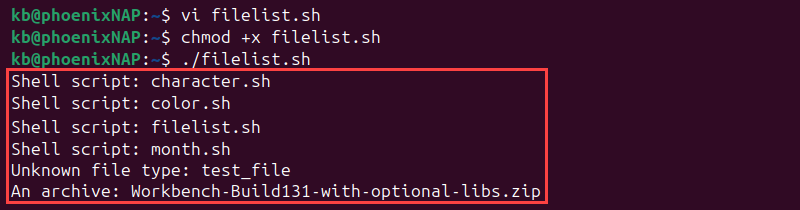 vi filelist.sh script terminal output