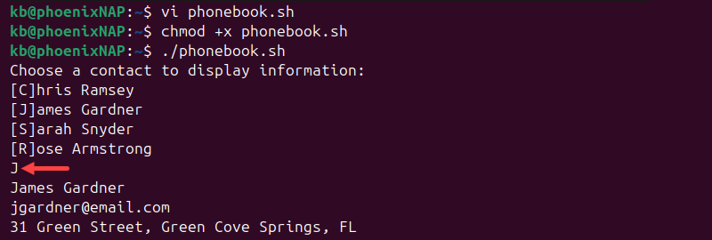 vi phonebook.sh script terminal output