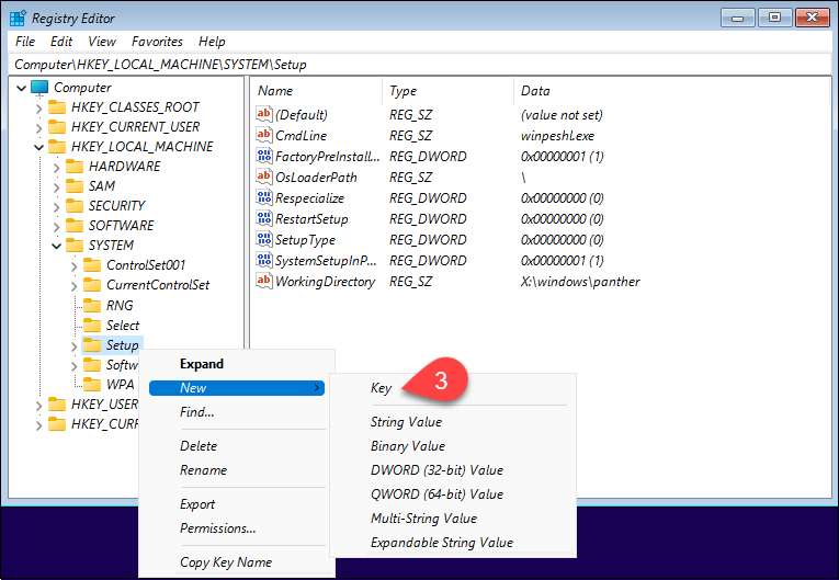 Creating a new registry key in Windows 11 installer.