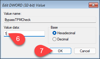 Switching the BypassTPMCheck value data to 1 in Windows 11 installer.