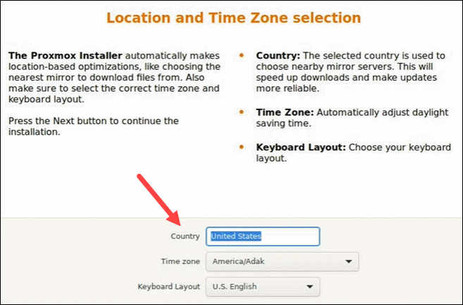 Configure location and timezone for Proxmox.