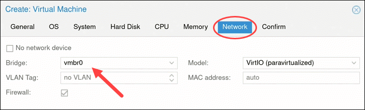 Configure network options for VM.