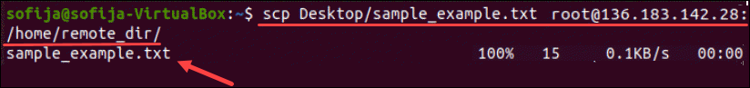 Copy a file from a local server to a remote server using the scp command.