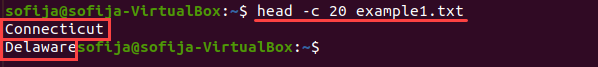 Display 20 bytes of a file using the head command.