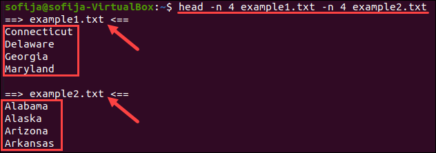Displaying multiple files and specifying the number of lines using the head command.