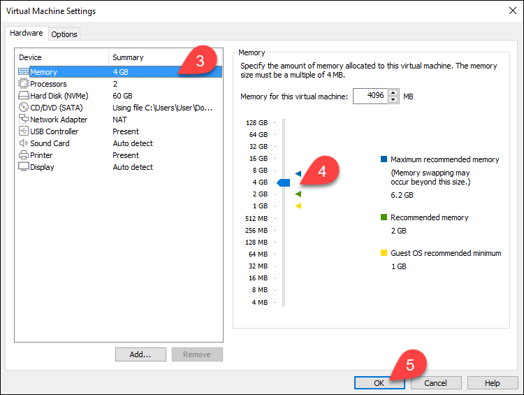 Specifying the amount of memory allocated to the VM.