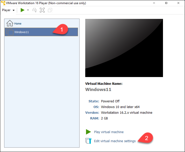 Editing the virtual machine in VMWare Workstation Player.