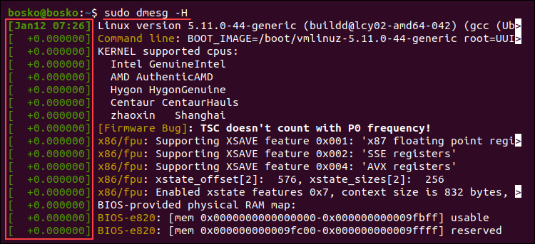 Enabling log message timestamps in the dmesg output. 