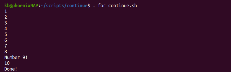 for_continue.sh terminal output