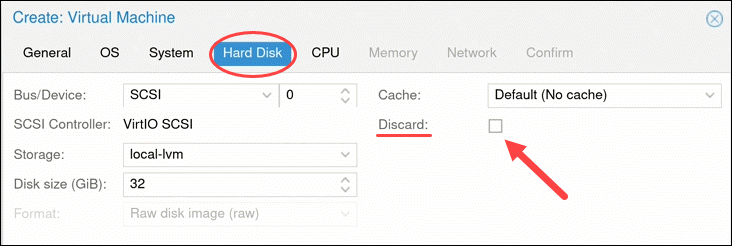 Hard disk options for Proxmox VM.