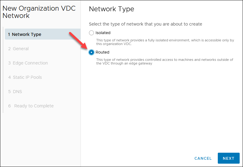 vCD Network Wizard step 1
