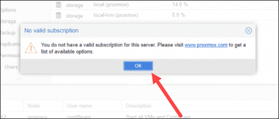 Confirming the no subscription message in Proxmox.