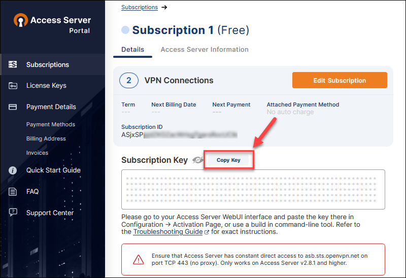 OpenVPN Access Server subscriptions page with the Copy Key button highlighted. 