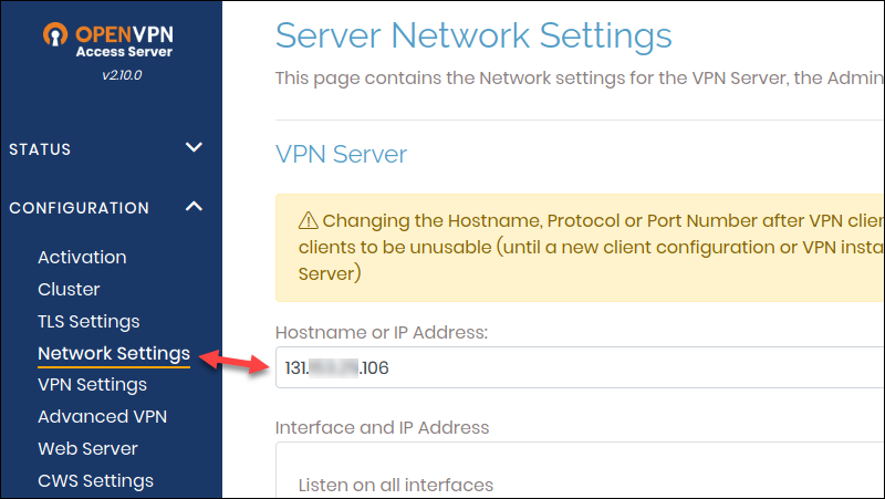 OpenVPN Access Server network settings page