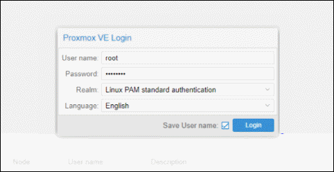 Logging in as root user to the Proxmox web interface.