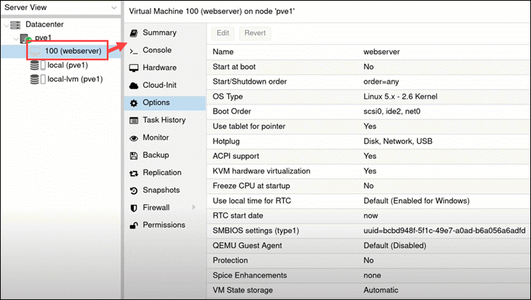 Proxmox virtual machine.