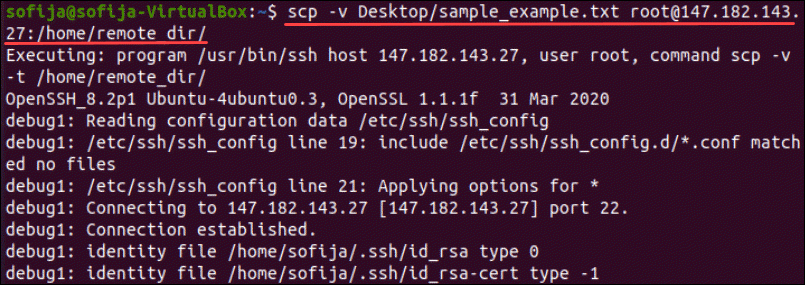 Copy a file using the scp command in verbose mode.