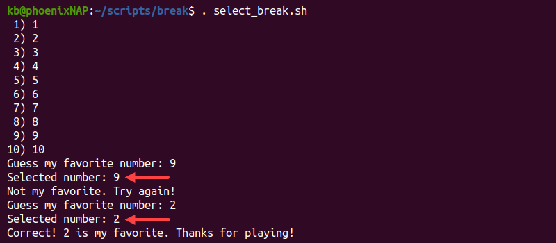 select_break.sh terminal output