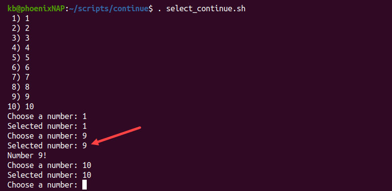 select_continue.sh terminal output