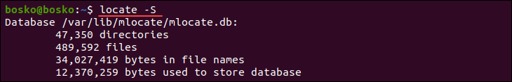 Showing locate database statistics.