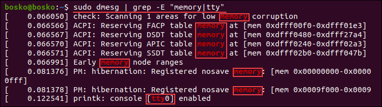 Searching for multiple terms in the dmesg log.