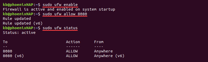 ufw enable allow status terminal output