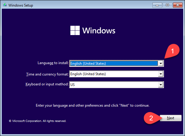 Language and regional settings in Windows 11 installer.