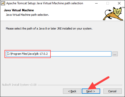 Entering the JRE path during Tomcat installation. 