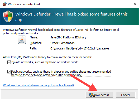 Allowing Tomcat network access in Windows Firewall.