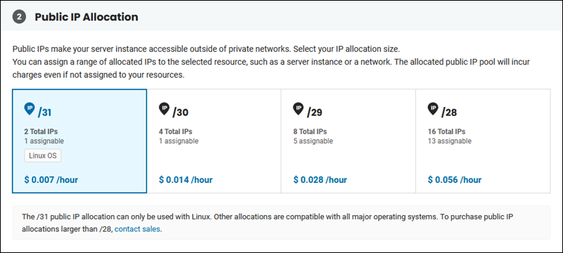 BMC public IP allocation size selection with pricing.