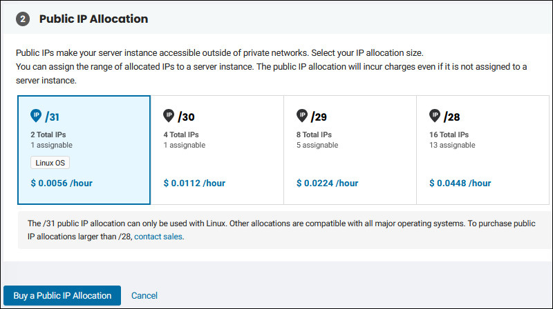 BMC public IP allocation size selection with pricing.