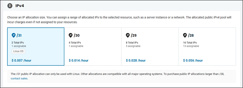 BMC public IPv4 allocation size selection with pricing.