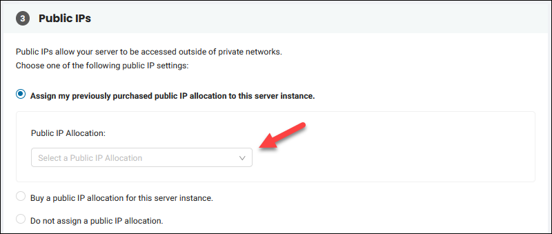Assign an existing public IP allocation to the server being deployed. 