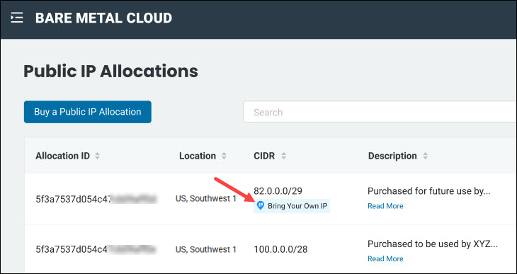 BYO public IP label in the BMC portal