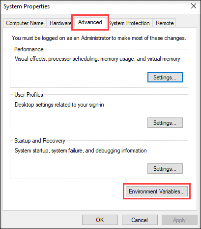 Click the Environment Variables button under the Advanced tab