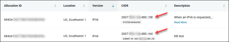 CIDR IPv6 system managed and subnet