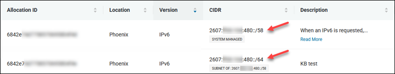 CIDR IPv6 system managed and subnet