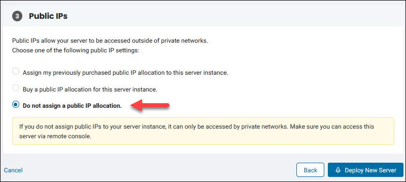 do not assign a public IP allocation for the server being deployed. 